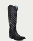 C4217 - WOMEN'S EMBROIDERY AND DELICATE CHAIN DETAILS WITH SHELL HANGING TALL TOP BLACK SNIP TOE COWBOY BOOT
