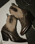 C4222 - WOMEN'S BROWN EMBROIDERY, OVERLAY AND STUDS BONE ELASTIC TEXTILE SNIP TOE COWBOY BOOT