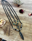 Men black chain with feather and real turquoise
