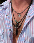 Men black chain with feather and real turquoise