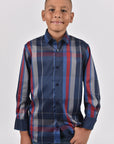 Kid's Modern Fit Navy Plaid Digital Print Shirt