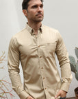 Men’s Single Pocket Logo Modern Fit Stretch Dress Shirt - Beige