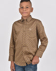 Kid's Cotton Brown Monogram Digital Print Dress Shirt