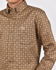 Kid's Cotton Brown Monogram Digital Print Dress Shirt