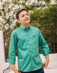 Kid's Cotton Green Monogram Digital Print Dress Shirt