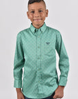 Kid's Cotton Green Monogram Digital Print Dress Shirt