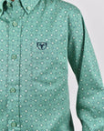 Kid's Cotton Green Monogram Digital Print Dress Shirt