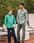 Kid's Cotton Green Monogram Digital Print Dress Shirt