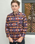 Kid's Cotton Navy Aztec Digital Print Dress Shirt
