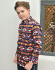 Kid's Cotton Navy Aztec Digital Print Dress Shirt