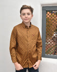 Kid's Cotton Gold Aztec Digital Print Dress Shirt