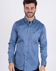 Men's Cotton Blue Aztec Digital Print Dress Shirt