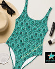 Yeehaw Turquoise Floral Leather Print One-Piece Swimsuit