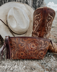 Whiskey Tooled Leather Wristlet - Toiletry Bag