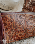 Whiskey Tooled Leather Wristlet - Toiletry Bag