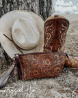 Whiskey Tooled Leather Wristlet - Toiletry Bag