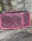 Tooled Leather Pouch Organizer, Turquoise or Pink