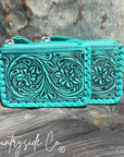 Tooled Leather Pouch Organizer, Turquoise or Pink