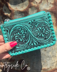 Tooled Leather Pouch Organizer, Turquoise or Pink