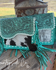 Turquoise Tooled Leather and Cowhide Purse