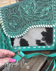 Turquoise Tooled Leather and Cowhide Purse