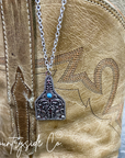 Tooled Silver & Turquoise Accent Cowtag Necklace