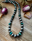 NFR Collection Necklace – 14mm Sterling Silver Pearls with 16mm Green Turquoise Rondelles – 28.5"