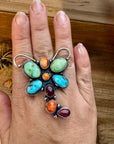 Dragon Fly Ring - Adjustable - Mix Stone & Sterling Silver