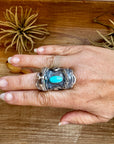 Saddle Shape Kingman Turquoise Ring – Size 8 – Native Made by T. Yazzie