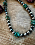 NFR Collection Necklace – 12mm Sterling Silver Pearls with 16mm Green Turquoise Rondelle – Handmade by The Bijoux FAB – 21.5"