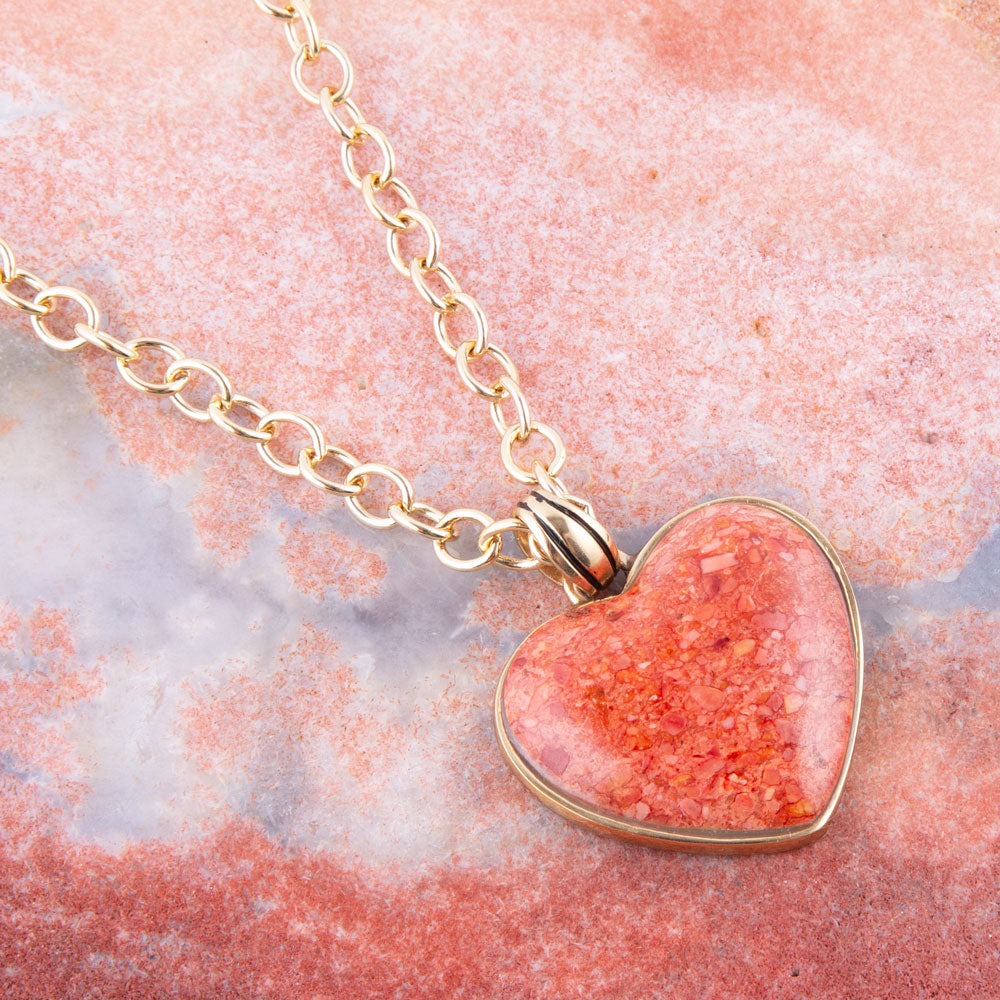 Orange Sponge Coral Golden Heart Pendant Necklace