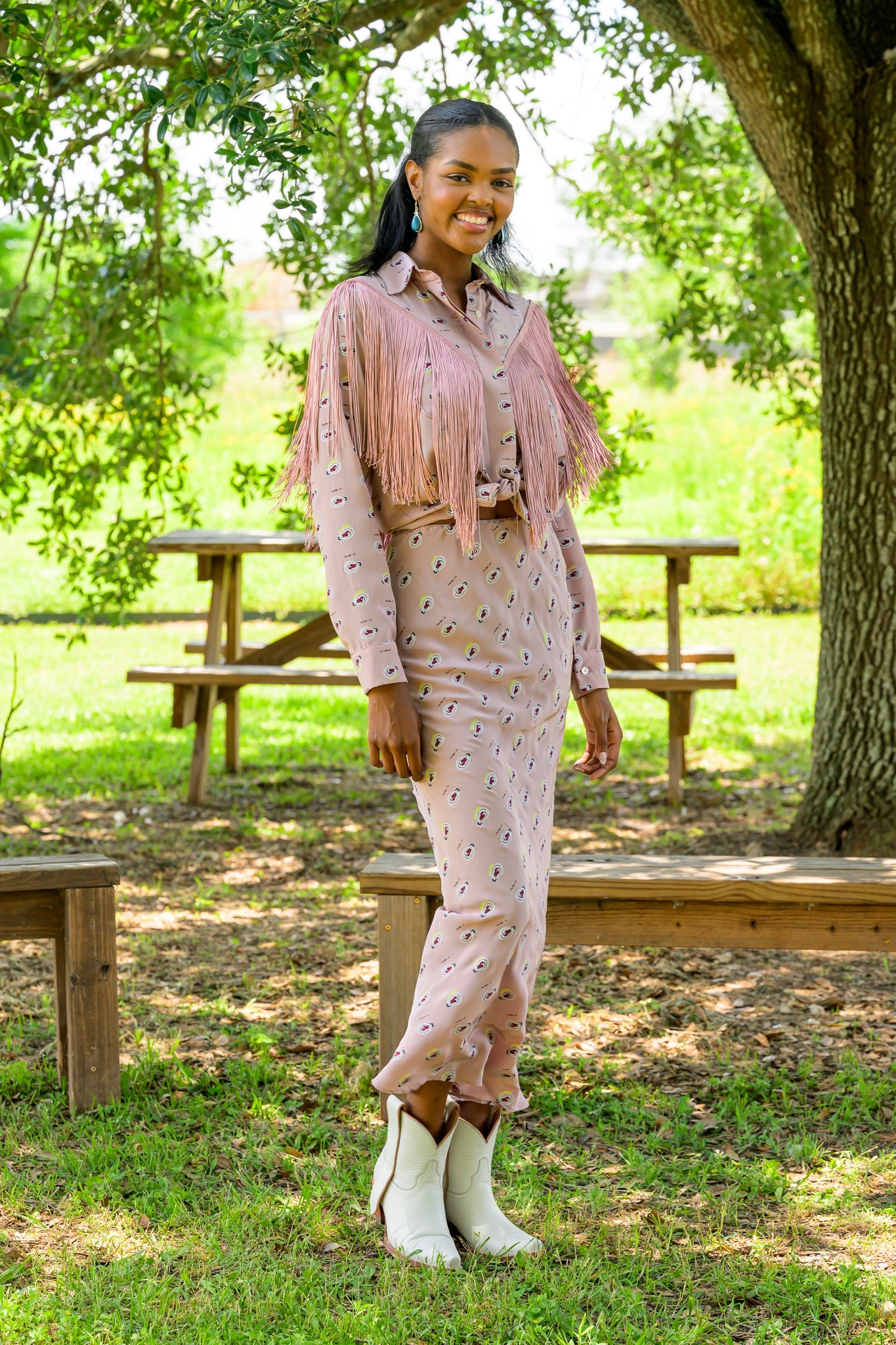 MASON by MASON'S DAUGHTER | Loretta Western Fringe Top, Oyster Printed Silk Crepe de Chine