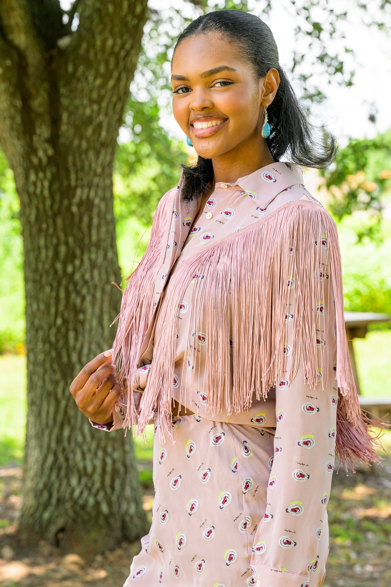 MASON by MASON'S DAUGHTER | Loretta Western Fringe Top, Oyster Printed Silk Crepe de Chine