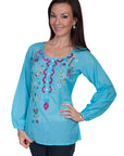 L/s Button Up Peasant Blouse W/emb - E103
