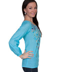 L/s Button Up Peasant Blouse W/emb - E103