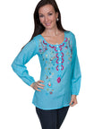 L/s Button Up Peasant Blouse W/emb - E103