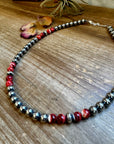 19 inch 8 mm Sterling Silver Pearls necklace with Red Spiny