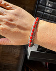 Red Coral Cuff Bracelet – Native Made by Russell Sam, Sterling Silver