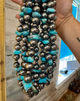 Turquoise Nugget & Sterling Silver Pearl Necklace – 21"