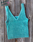 Teal Ribbed Crop Tank with Reversible Neckline