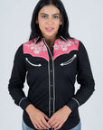 Ladies Cotton Black Embroidery Western Shirt With Suede