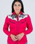 Ladies Cotton Red Embroidery Western Shirt With Suede
