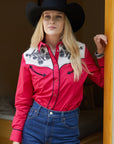 Ladies Cotton Red Embroidery Western Shirt With Suede