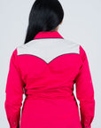 Ladies Cotton Red Embroidery Western Shirt With Suede