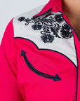 Ladies Cotton Red Embroidery Western Shirt With Suede
