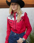 Ladies Cotton Red Embroidery Western Shirt With Suede