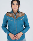 Ladies Cotton Blue Embroidery Western Shirt With Suede