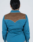 Ladies Cotton Blue Embroidery Western Shirt With Suede