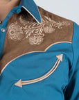 Ladies Cotton Blue Embroidery Western Shirt With Suede