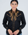 Ladies Cotton Black Embroidery Western Shirt